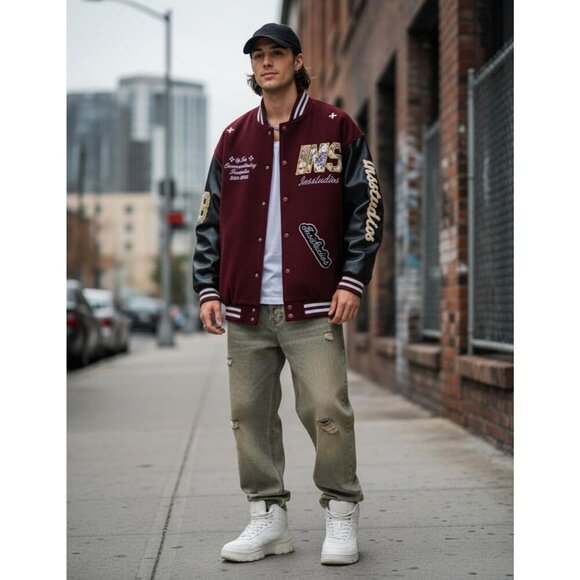 Men's Varsity Jackets Vintage Baseball Y2k Letterman Jacket Button Down Red - Picture 2 of 3